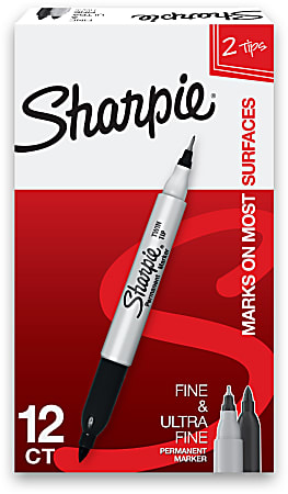 Sharpie® Twin-Tip Permanent Markers, Fine/Ultra Fine Points, Black, Pack Of 12