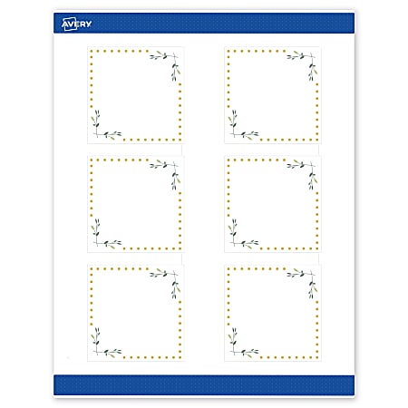 Avery® Print-To-The-Edge Labels & Sure Feed®, S00-DN6-PRWMP10, 3" x 3", Matte White, Preprinted Green Floral & Gold Dots Design, Pack Of 60