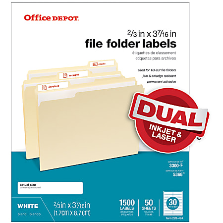 Office Depot® Brand Permanent File Folder Labels, Rectangle, 2/3" x 3 7/16", White, Pack Of 1,500