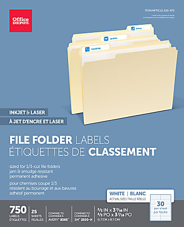 Office Depot® Brand Permanent Inkjet/Laser File Folder Labels, 505-O004-0011, 2/3" x 3 7/16", White, Pack Of 750