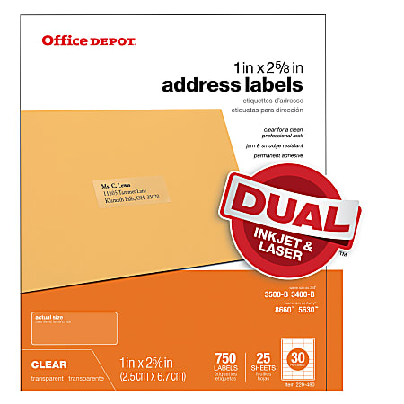 Office Depot® Brand Clear Inkjet/Laser Address Labels, 505-O004-0002, 1" x 2 5/8", Pack Of 750