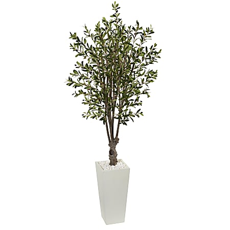 Nearly Natural 6'H Olive Artificial Tree With Tower Planter, 72"H x 24"W x 24"D, White/Green