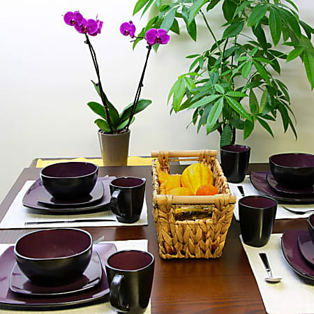 Gibson Soho Lounge 16 Piece Square Dinnerware Set Purple ODP Business Solutions