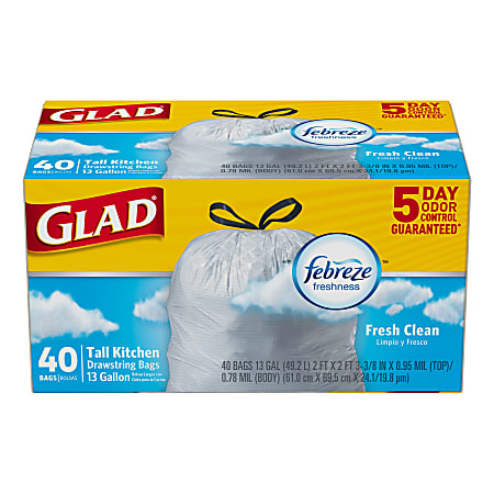 Glad ForceFlex Tall Kitchen Drawstring Trash Bags, 0.78 mil, Fresh Clean with Febreze Freshness - 13 gal Capacity - 78361CT, 40-Pack