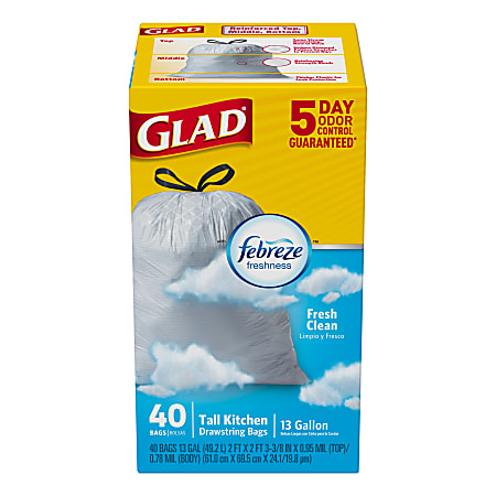 Glad ForceFlex Tall Kitchen Drawstring Trash Bags - Fresh Clean with Febreze Freshness - 13 gal Capacity - 24