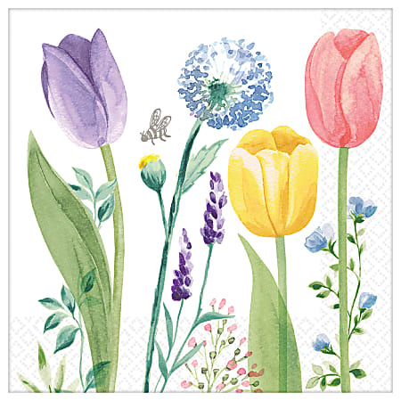 Amscan Spring 2-Ply Beverage Napkins, 5" x 5", Tulip Garden, 16 Napkins Per Sleeve, Pack Of 5 Sleeves
