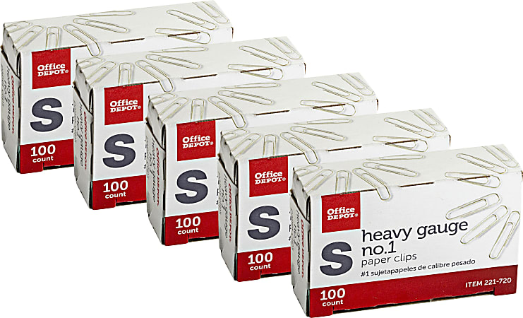 Office Depot® Brand Heavy Gauge Paper Clips, No. 1, Small, Silver, Pack Of 5 Boxes, 100 Clips Per Box, 500 Total
