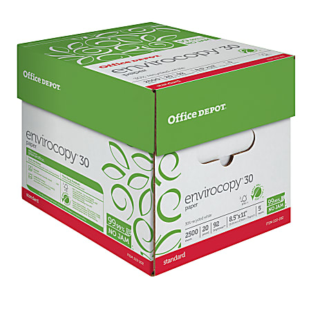 Office Depot® EnviroCopy® Copy Paper, White, Letter (8.5" x 11"), 2500 Sheets Per Case, 20 Lb, 30% Recycled, FSC® Certified, Case Of 5 Reams