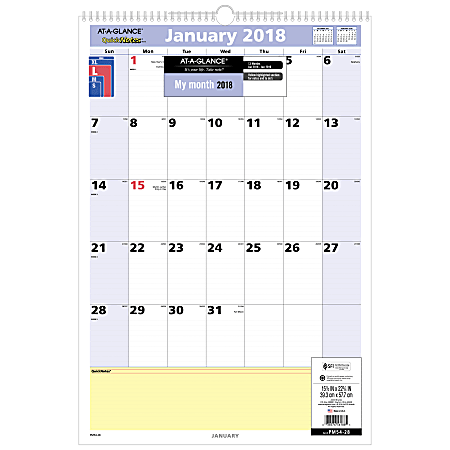 AT-A-GLANCE® QuickNotes® Monthly Wall Calendar, 13-Month, 15 1/2" x 22 3/4", 30% Recycled, January-January 2018 (PM5428-18)