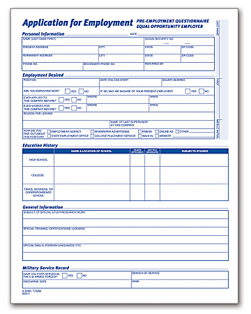 Adams&reg; Application For Employment, 8 1/2" x 11", Pack Of 25