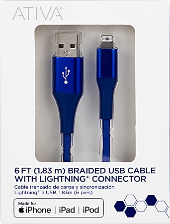 Ativa® Lightning To USB Type-A Cable, 6', Navy, 45403