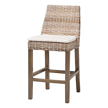 bali & pari Toby Rattan And Finished Mahogany Wood Counter Stool, Kubu Gray/Rustic Taupe