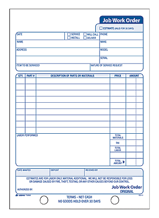 Adams® Carbonless Job Work Order Book, 5 9/16" x 8 7/16", 3-Part, White/Canary/White Tag