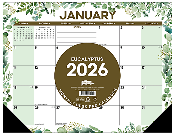 2026 Willow Creek Press Desk Pad Calendar, 22" x 17", Eucalyptus, January To December, 57223