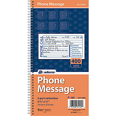 Adams Spiral Bound Phone Message Book 11 x 5 12 Book Of 400