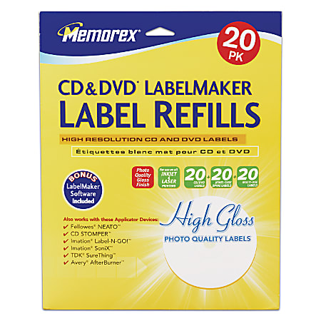 Memorex® Inkjet CD/DVD Photo Gloss Labels, 32020415, 4 1/2" Diameter, White, Pack Of 20