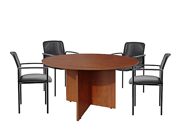 Boss Office Products 47" Round Table And Stackable Mesh Chairs Set, Cherry/Black