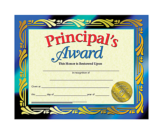 Hayes Publishing Certificates, Principal's Award, 8 1/2" x 11", Multicolor, Pre-K To Grade 12, Pack Of 30