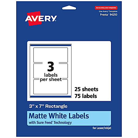 Avery® Permanent Labels With Sure Feed®, 94250-WMP25, Rectangle, 3" x 7", White, Pack Of 75