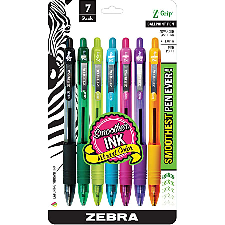 Zebra® Pen Z-Grip® Retractable Ballpoint Pens, Pack Of 7, Medium Point, 1.0 mm, Translucent Barrel, Assorted Ink Colors