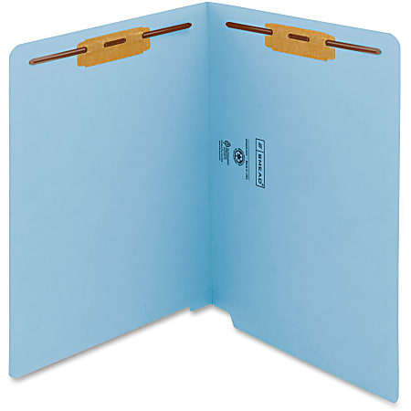Smead WaterShed®CutLess® End Tab Fastener Folders - Letter - 8 1/2" x 11" Sheet Size - 2 x 2B Fastener(s) - End Tab Location - 11 pt. Folder Thickness - Blue - Recycled - 50 / Box