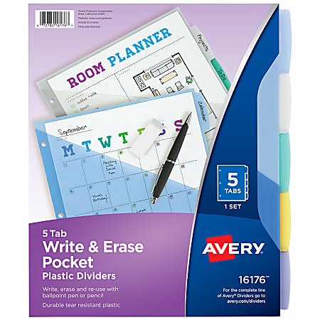 Avery® Write & Erase Pocket Plastic Dividers For 3 Ring Binders, 9-1/4" x 11-1/4", 5-Tab Set, Multicolor, 1 Set