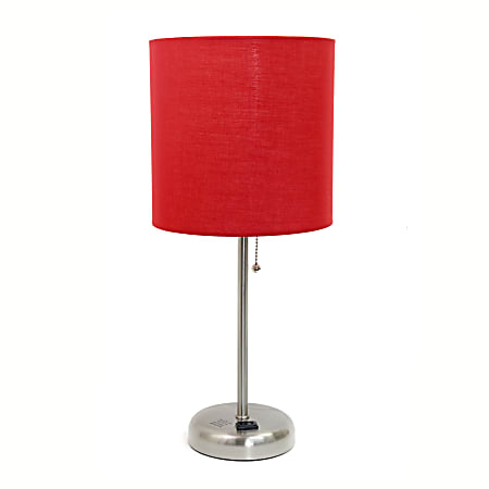 Creekwood Home Oslo Power Outlet Metal Table Lamp, 19-1/2"H, Red Shade/Brushed Steel Base