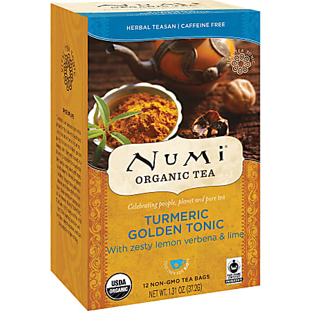 Numi® Turmeric Organic Tea Dried Lime, Turmeric, Verbena, 1.3 Oz, Carton Of 12