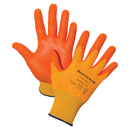 Honeywell Tuff-Glo Hi-Viz Safety Gloves - Large Size - Nylon Liner, Nitrile Palm, Nitrile Fingertip - Orange - Cut Resistant, Abrasion Resistant, Puncture Resistant, Durable, Lightweight - For Construction, Manufacturing, Transportation - 2 / Pair