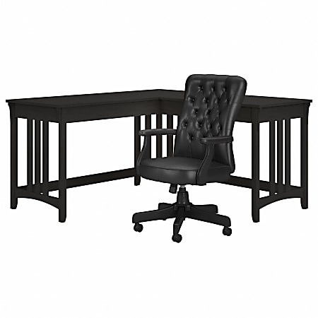 Bush® Furniture Salinas 60"W L-Shaped Writing Desk With High-Back Tufted Office Chair, Vintage Black, Standard Delivery