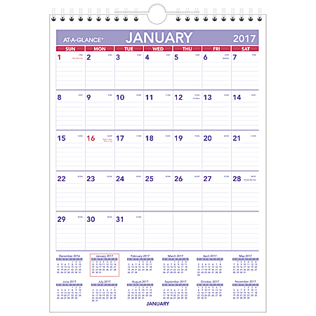 AT-A-GLANCE® Monthly Wall Calendar, 8" x 11", 30% Recycled, Blue/Red, January to December 2017