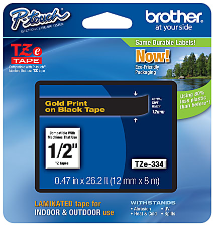Brother® TZE334 Label Tape, 1/2", Black/Gold