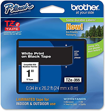 Brother P-Touch TZe355, Laminated, ~1in x 26.2ft (24mm x 8m), White on Black Label Tape
