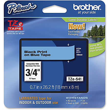 Brother P-Touch TZe Flat Surface Laminated Tape - Permanent Adhesive - 45/64" Width x 26 1/4 ft Length - Thermal Transfer - Blue, Black - 1 Each