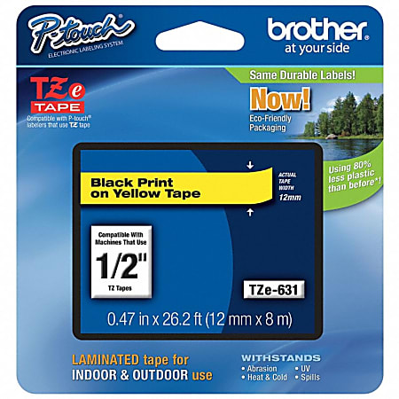 Brother® TZe-631 Black-On-Yellow Tape, 0.5" x 26.2'