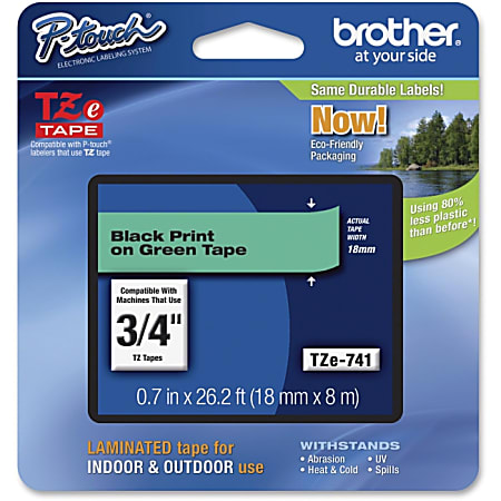 Brother TZe741 Black on Green Label Tape - 0.70" Width x 26.20 ft Length - 1 Each - Thermal Transfer, Direct Thermal - Green