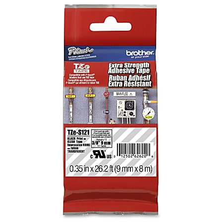 Brother® P-Touch® TZe Series Extra-Strength Adhesive Laminated Labeling Tape, 3/8" x 26-1/4', Black/Clear