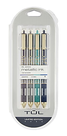 TUL® GL Series Retractable Gel Pens, Limited Edition, Medium Point, 0.8 mm, Assorted Barrel Colors With Feather Pattern, Assorted Metallic Inks, Pack Of 4 Pens