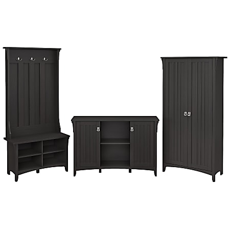 Bush Furniture Salinas Entryway Storage Set With Hall Tree, Shoe Bench And Accent Cabinets, Vintage Black, Standard Delivery