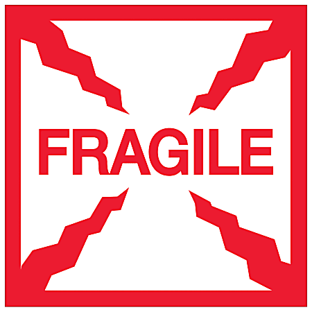 Tape Logic® Preprinted Shipping Labels, DL1316, Fragile, Square, 2" x 2", Red/White, Roll Of 500