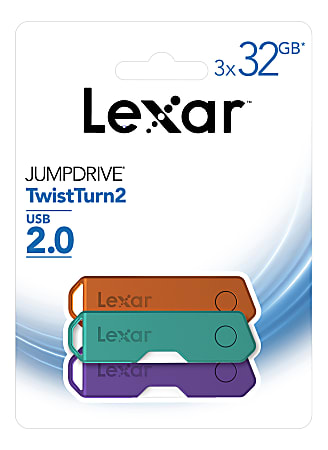 Lexar® JumpDrive® TwistTurn2 USB 2.0 Flash Drives, 32GB, Pack Of 3 Flash Drives, LJDTT2-32GABNA3