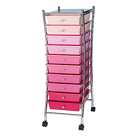 10-Drawer Mobile Organizer, 37 3/4"H x 13 1/8"W x 15 3/4"D, Pink