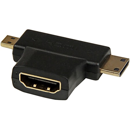 StarTech.com HDMI 2-in-1 T-Adapter - HDMI to HDMI Mini or HDMI Micro Combo Adapter - F/M - 1 Pack - 1 x HDMI Male Digital Audio/Video - 1 x HDMI (Micro Type D) Male Digital Audio/Video, 1 x HDMI (Mini Type C) Male Digital Audio/Video - Gold Connector