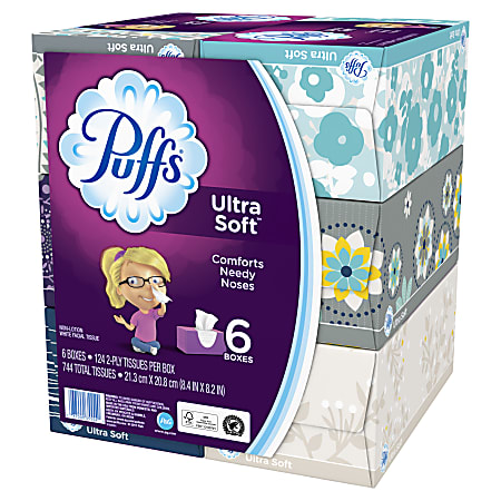 Puffs Ultra Soft 1-Ply Facial Tissues, White, 124 Tissues Per Box, 6 Boxes Per Pack, Case Of 4 Packs