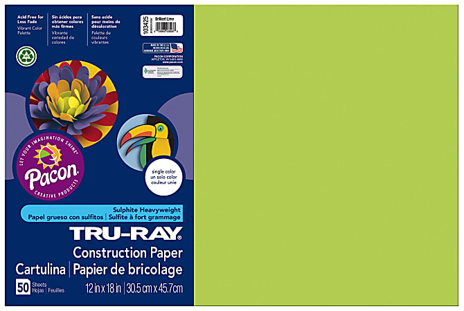 Tru-Ray® Construction Paper, 50% Recycled, 12" x 18", Brilliant Lime, Pack Of 50