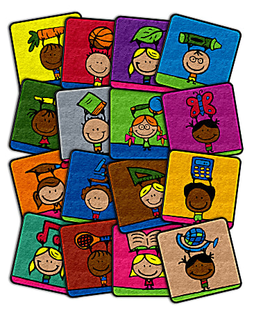 Flagship Carpets School Kids' Carpet Squares, 16" x 16", Assorted Designs, Pack Of 16 Carpet Squares