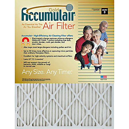 Accumulair Gold Air Filter - For Air Conditioner, Furnace - Remove Mold Spores, Removes Mildew, Remove Bacteria, Remove Micro Organisms, Remove Allergens, Remove Dust, Remove Smoke, Remove Pet Dander, Remove Dust Mite - 24" Height x 30" Width x 1" Depth