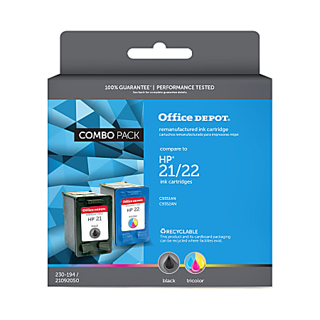 Office Depot® Brand Remanufactured Black And Tri-Color Ink Cartridge Replacement For HP 21, 22, Pack Of 2