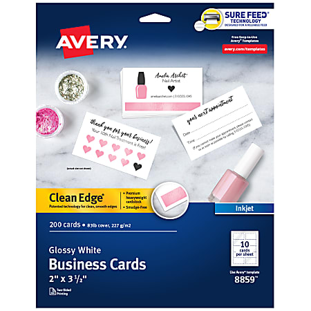 Avery® Clean Edge® Printable Business Cards With Sure Feed® Technology For Inkjet Printers, 2" x 3.5", Glossy White, 200 Blank Cards