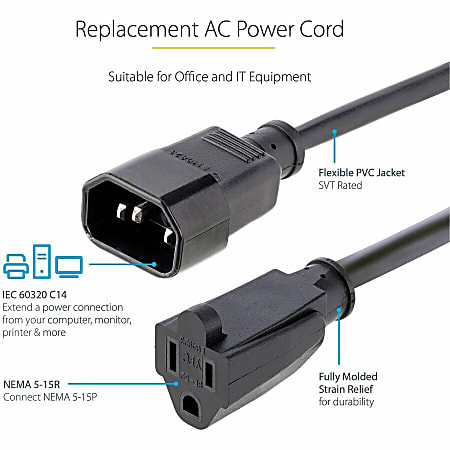 StarTech.com 3ft (1m) Power Extension Cord, IEC C14 to NEMA 5-15R, 10A 125V, 18AWG, Black, Outlet Extension Cable for Power Supplies